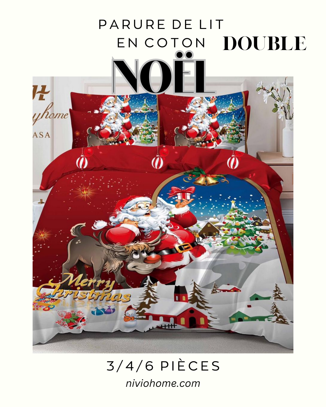 Linge de lit double en coton Noël