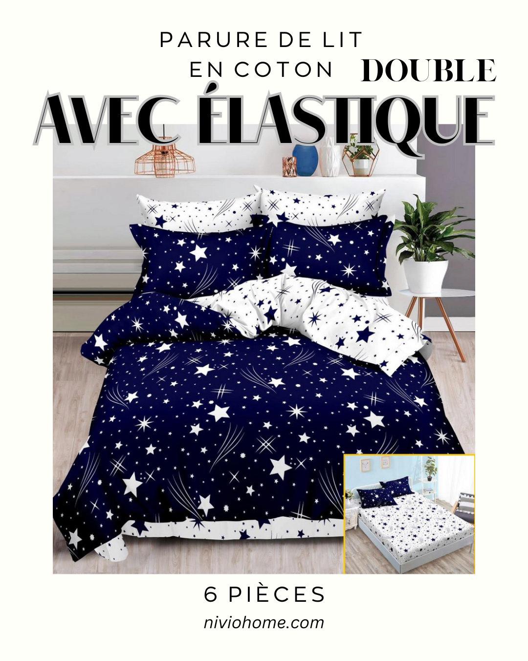Linge de lit double en coton avec élastique