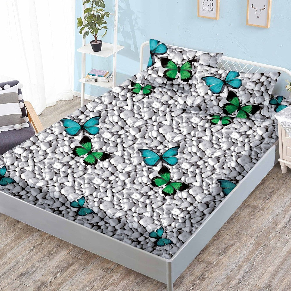 Housse élastique, 3 pièces, lit double, gris, papillons