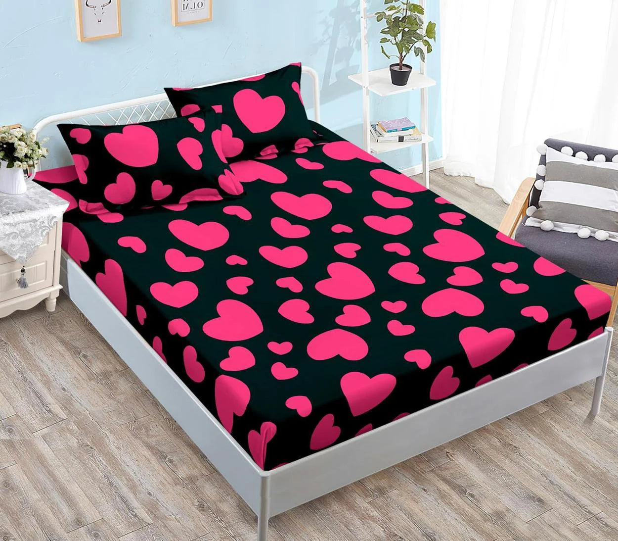 Housse élastique, 3 pièces, lit double, rose, coeurs