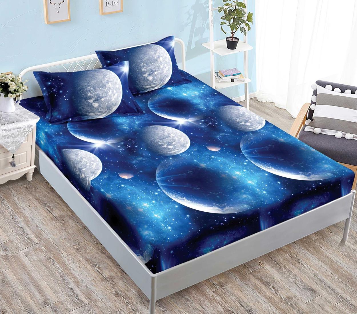 Housse élastique, 3 pièces, lit double, bleu, planètes