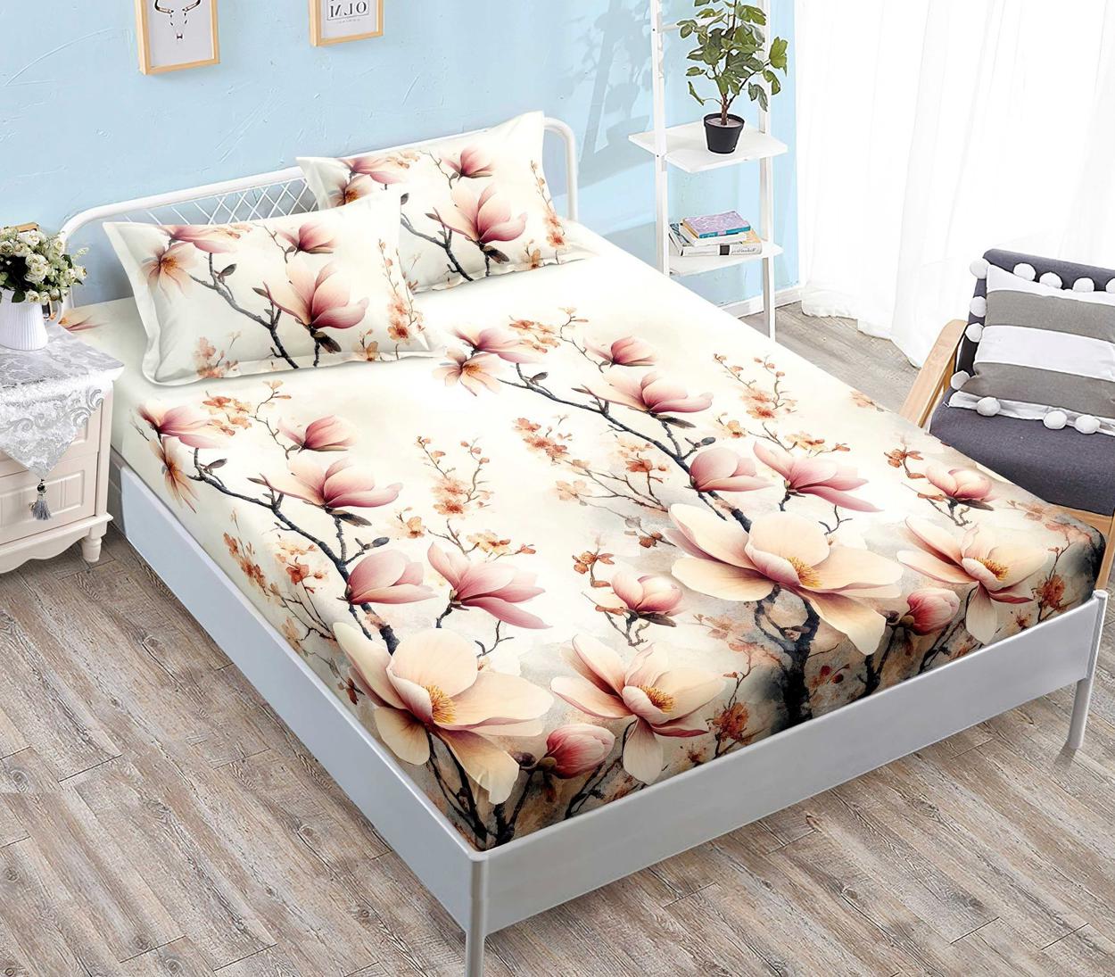 Housse élastique, 3 pièces, lit double, beige, magnolias