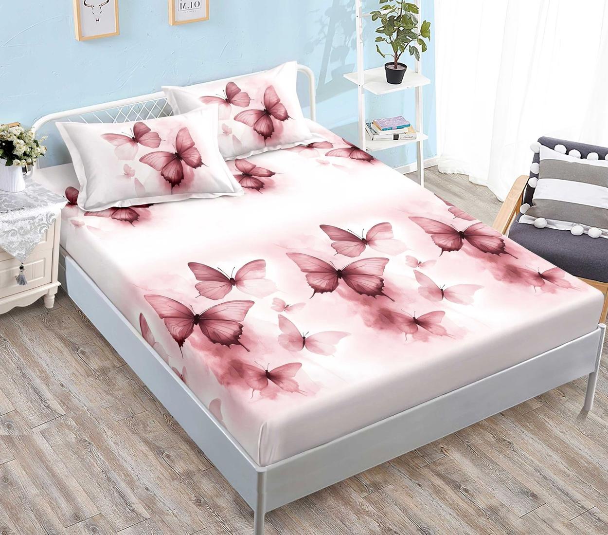 Housse élastique, 3 pièces, lit double, rose, papillons