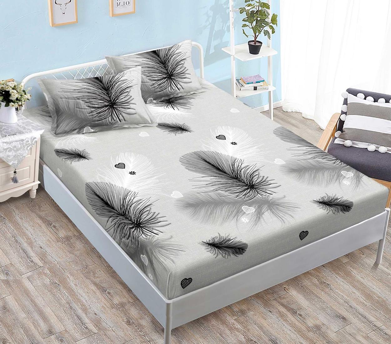 Housse élastique, 3 pièces, lit double, gris, plumes