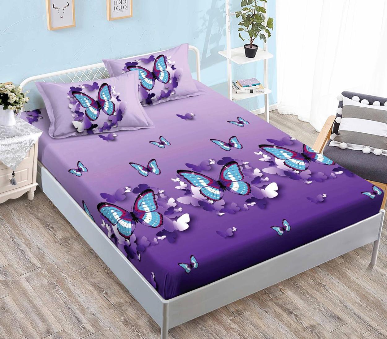 Housse élastique, 3 pièces, lit double, violet, papillons
