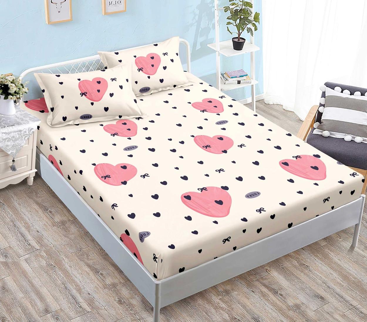 Housse élastique, 3 pièces, lit double, beige, coeurs