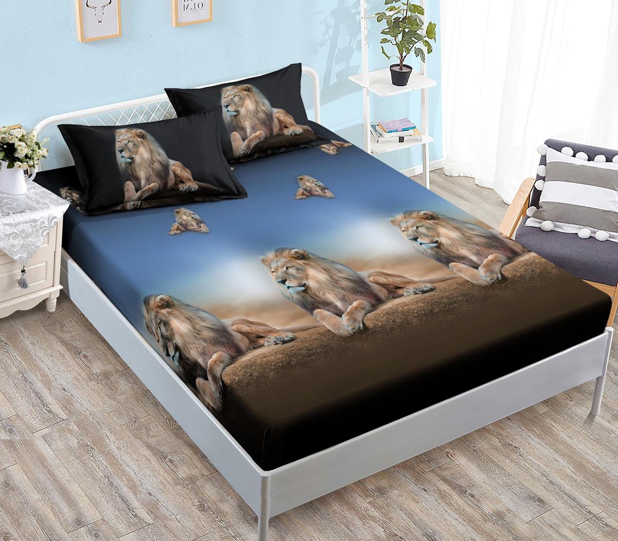 Housse élastique, 3 pièces, lit double, lions, effet 3D