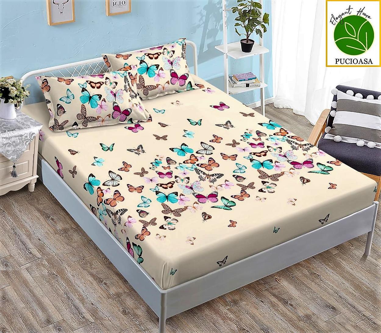 Housse élastique, 3 pièces, lit double, multicolore, papillons