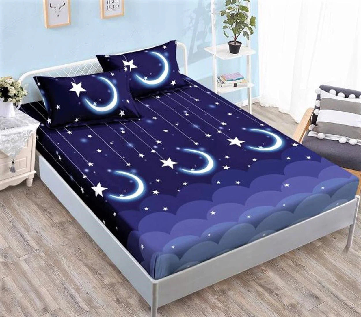 Housse élastique, 3 pièces, lit double, bleu, céleste
