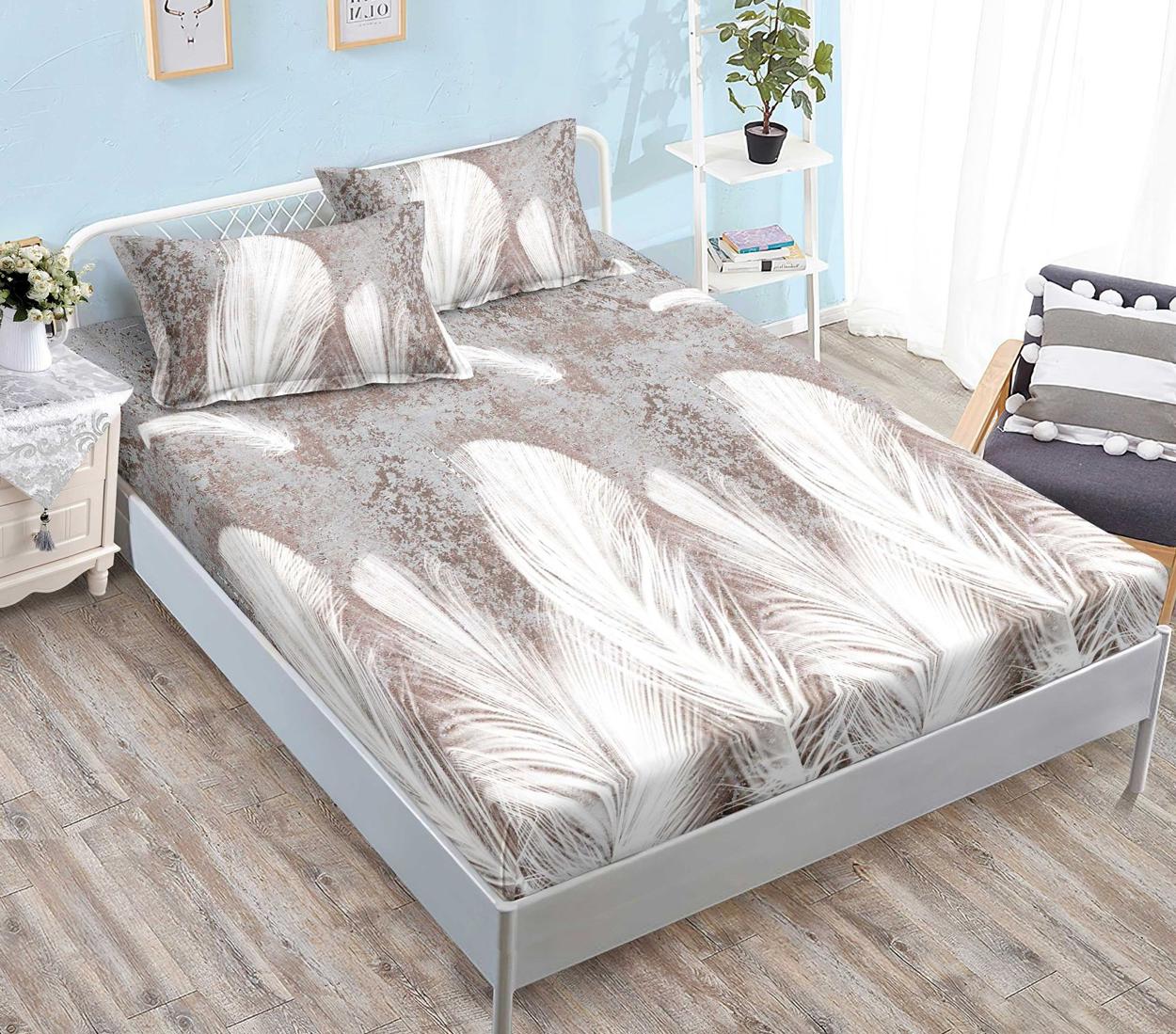 Housse élastique, 3 pièces, lit double, beige, plumes