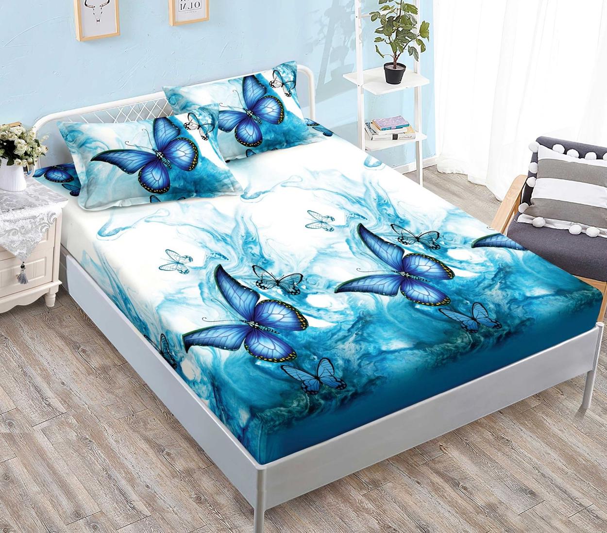 Housse élastique, 3 pièces, lit double, bleu, papillons