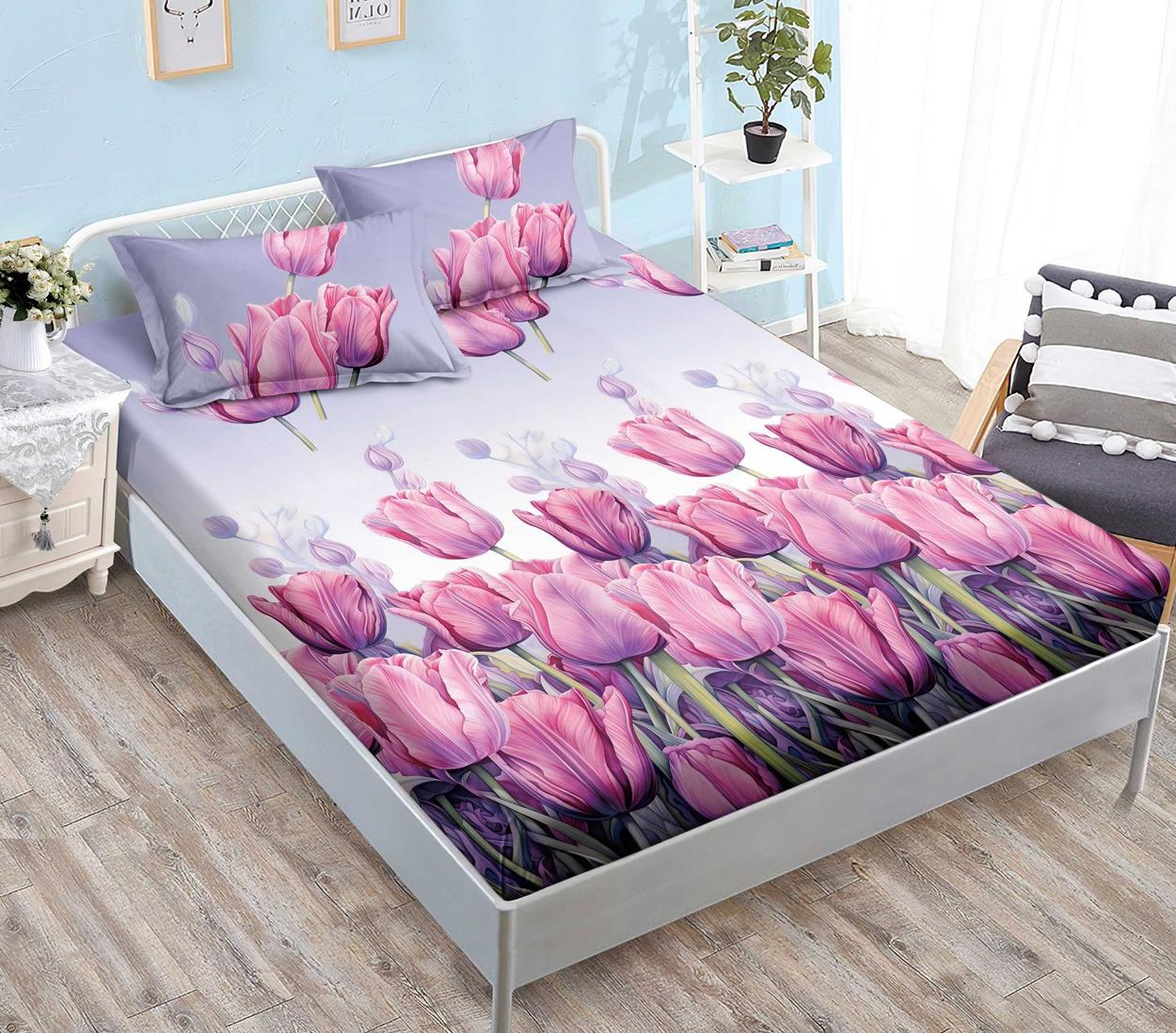 Housse élastique, 3 pièces, lit double, violet, tulipes