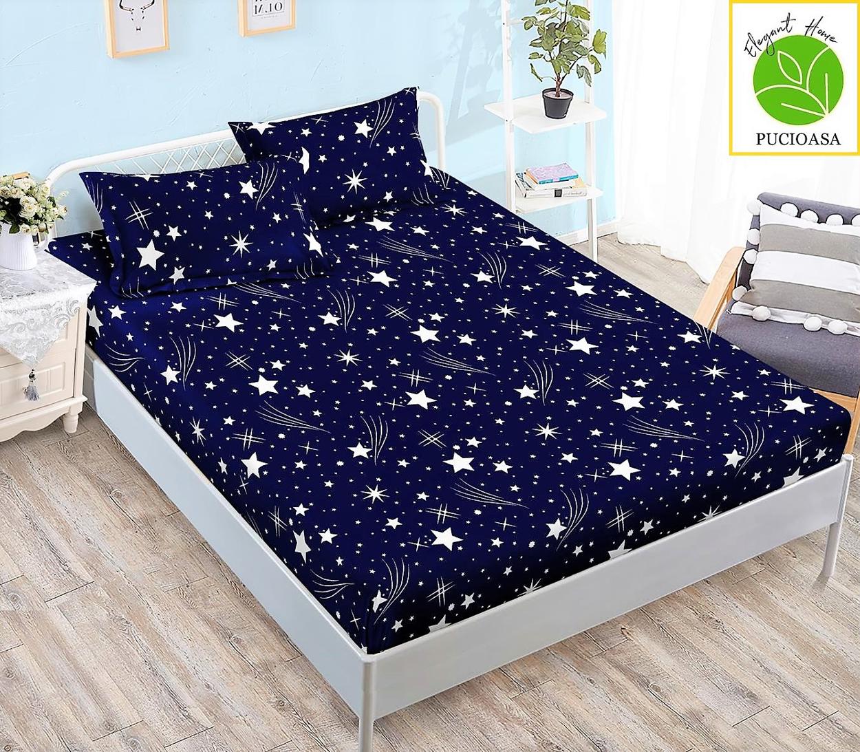 Housse élastique, 3 pièces, lit double, bleu, étoiles