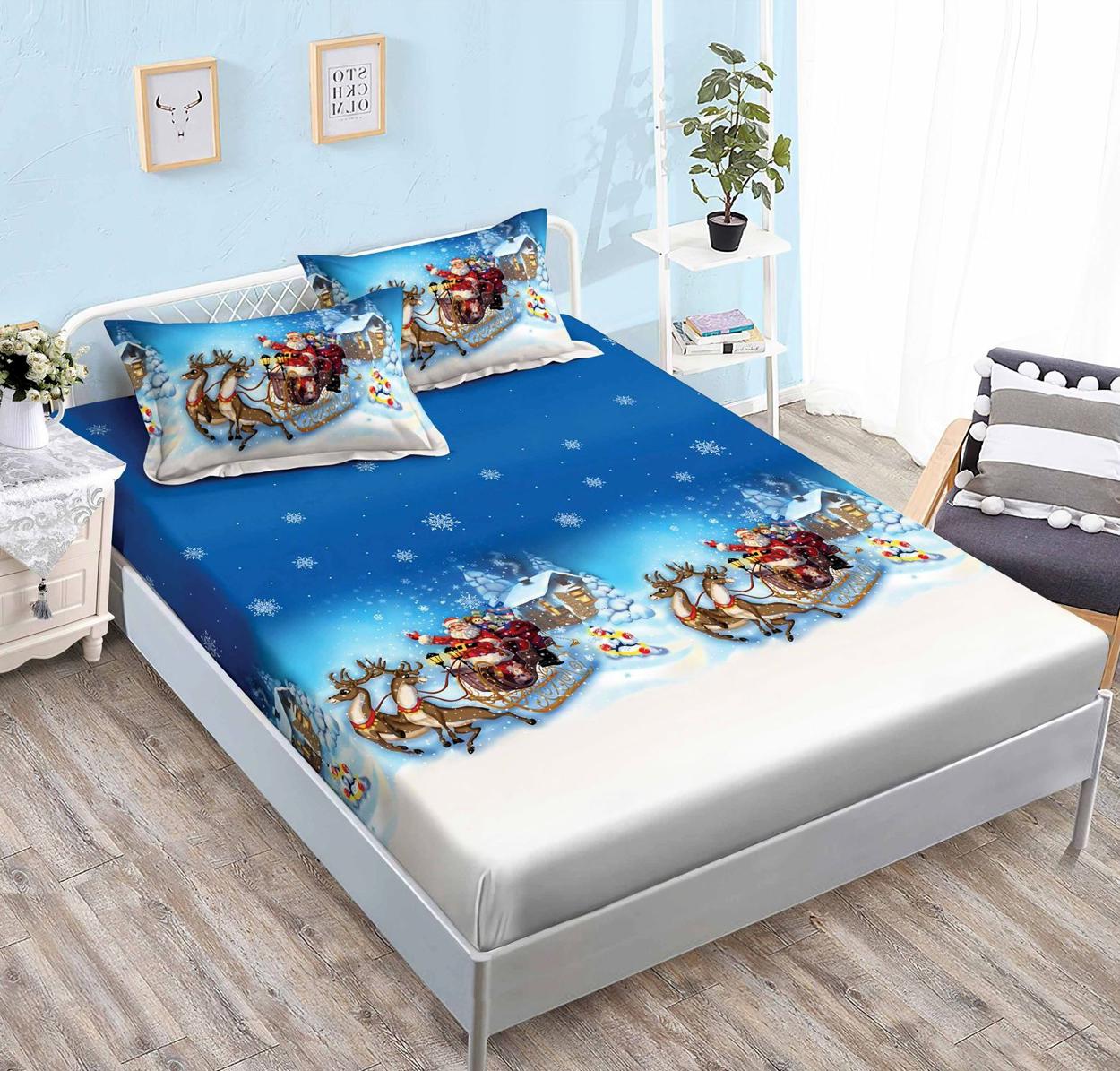 Housse élastique, 3 pièces, lit double, bleu, Noël