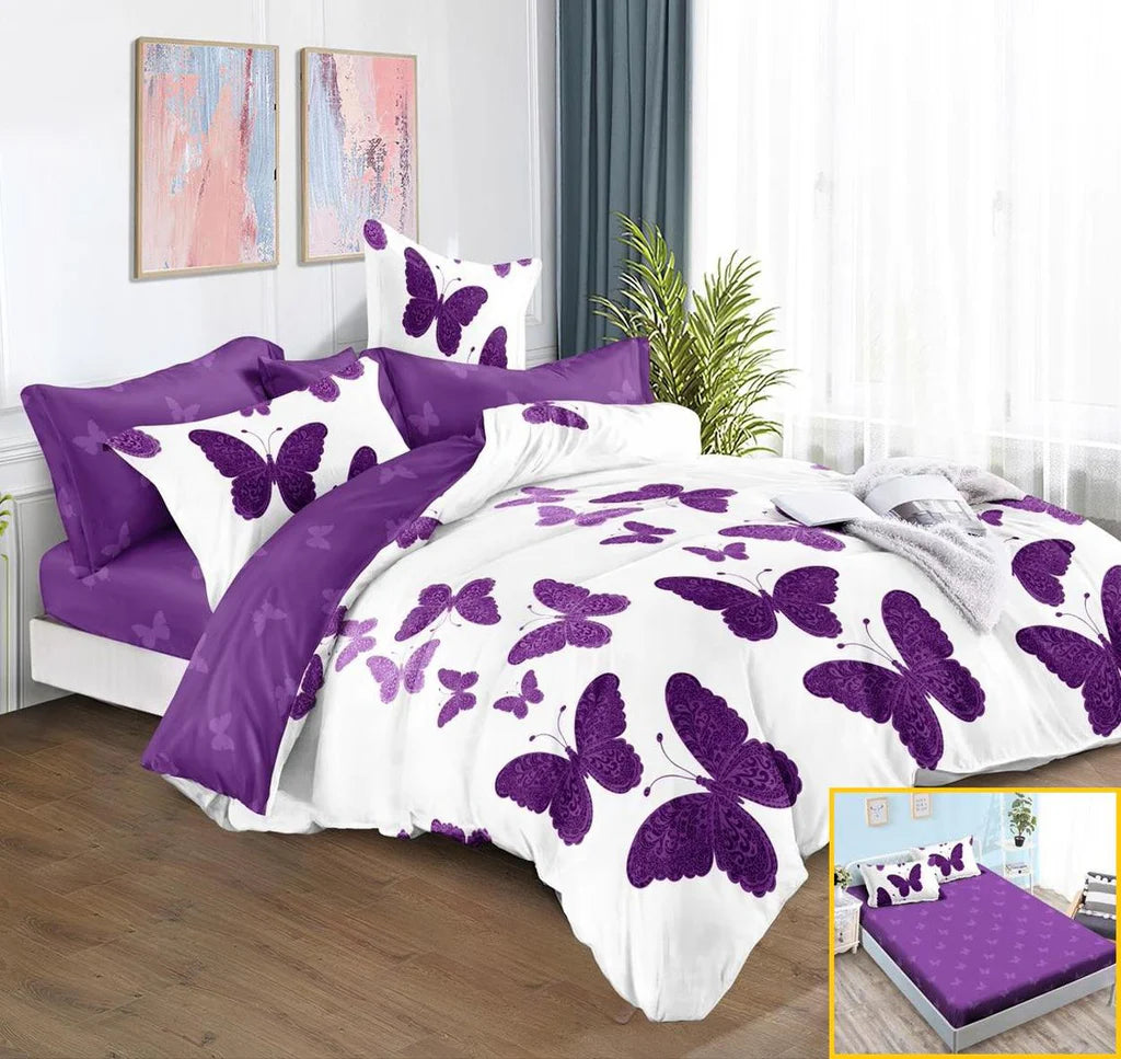 Parure de lit avec élastique, en coton, 6 pièces, lit double, violet, papillons