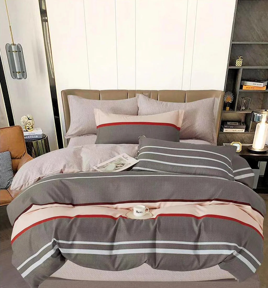 Parure de lit, en coton, 6 pièces, lit double, beige, rayures