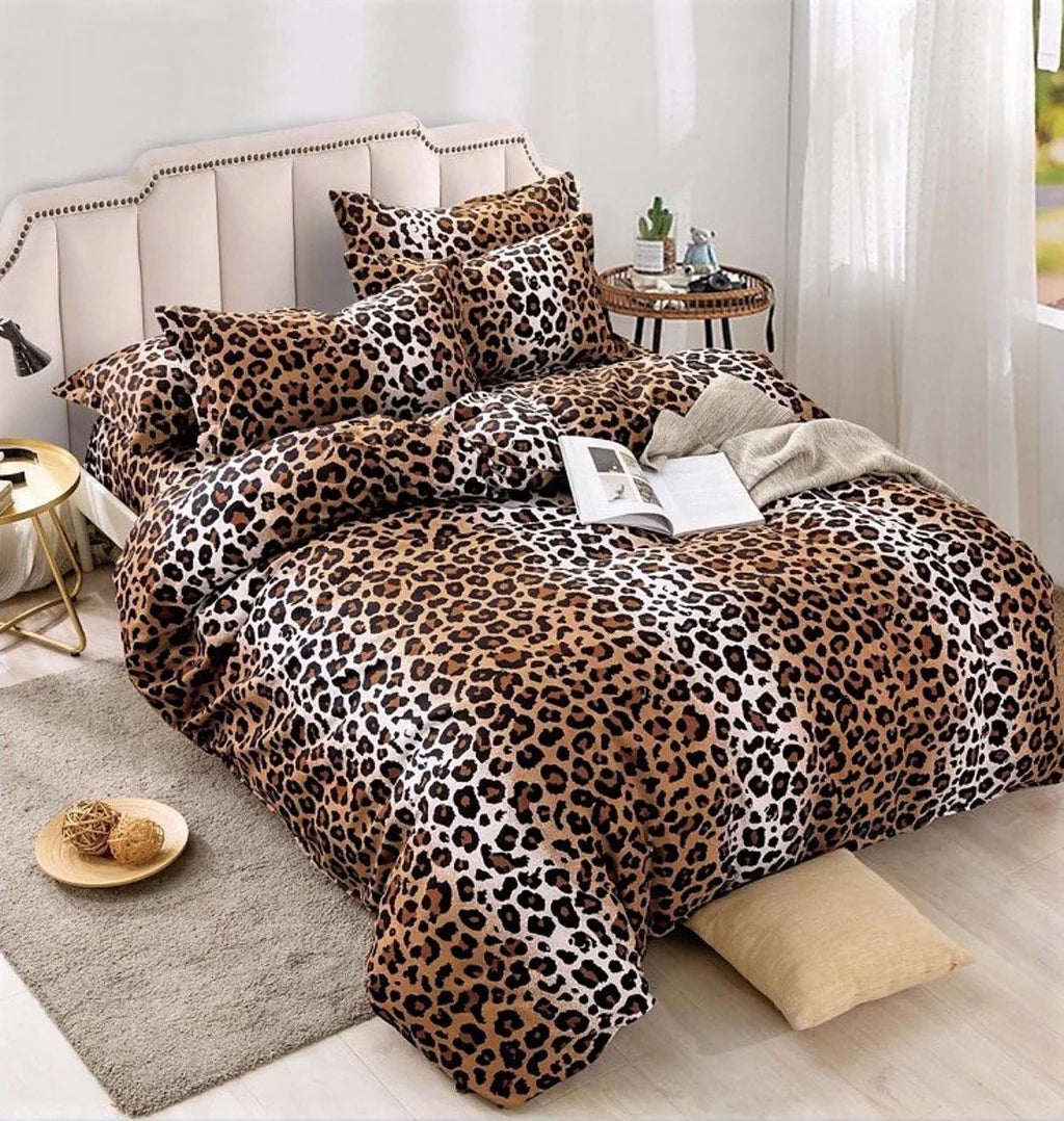 Parure de lit, en coton, 6 pièces, lit double, marron, imprimé animal
