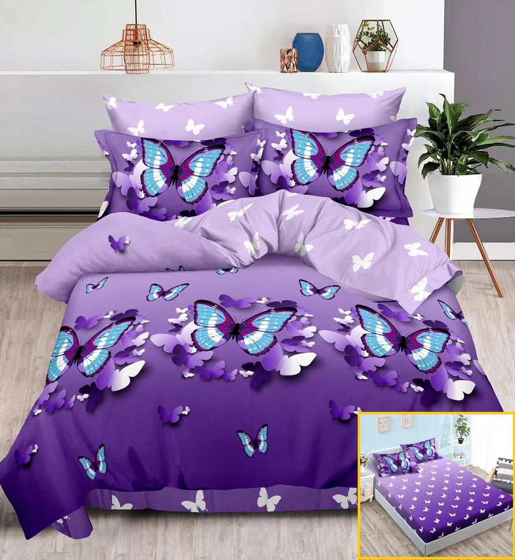 Parure de lit avec élastique, en coton, 6 pièces, lit double, dégradé violet, papillons