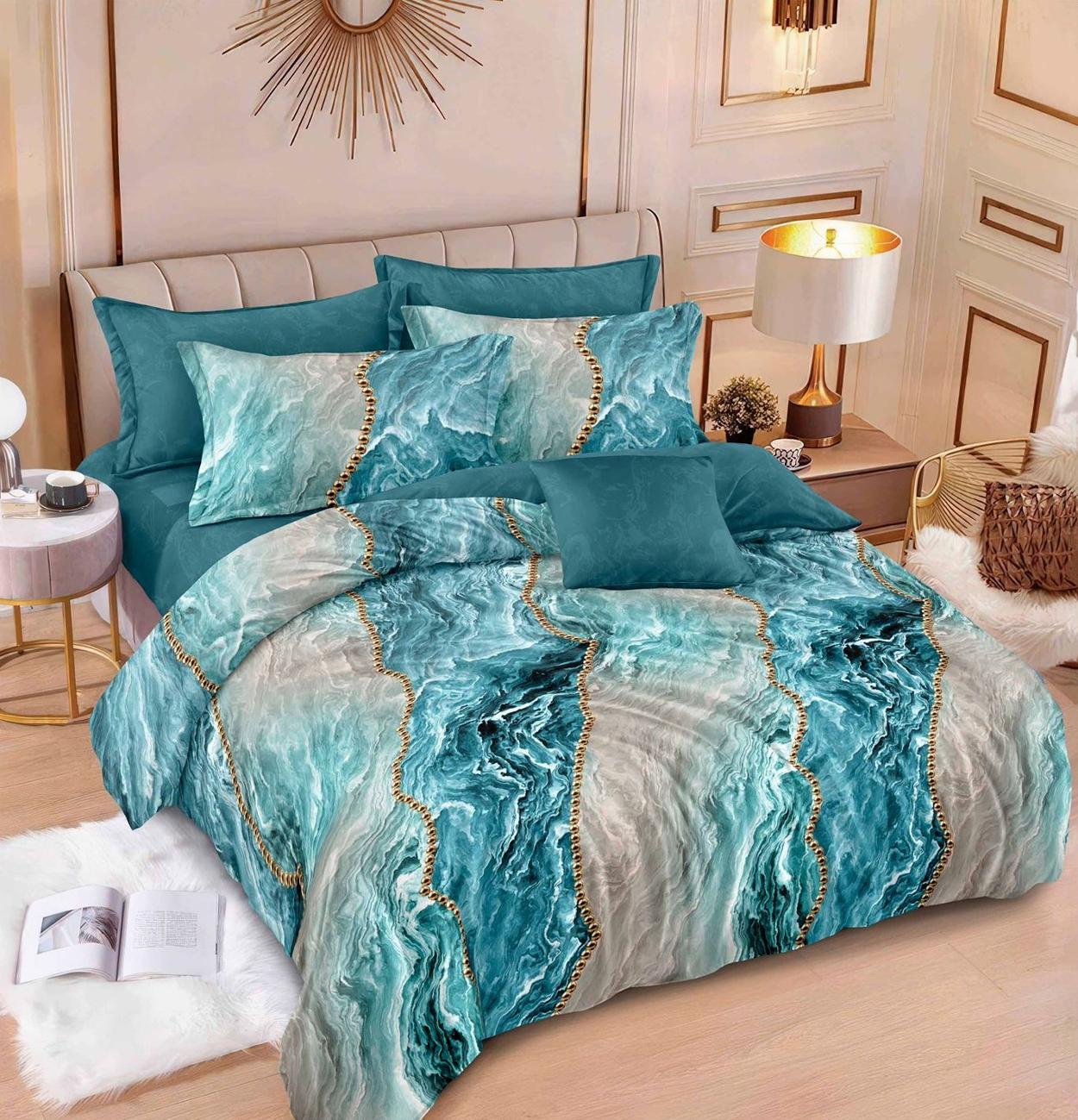 Parure de lit, en coton, 6 pièces, lit double, bleu, abstrait