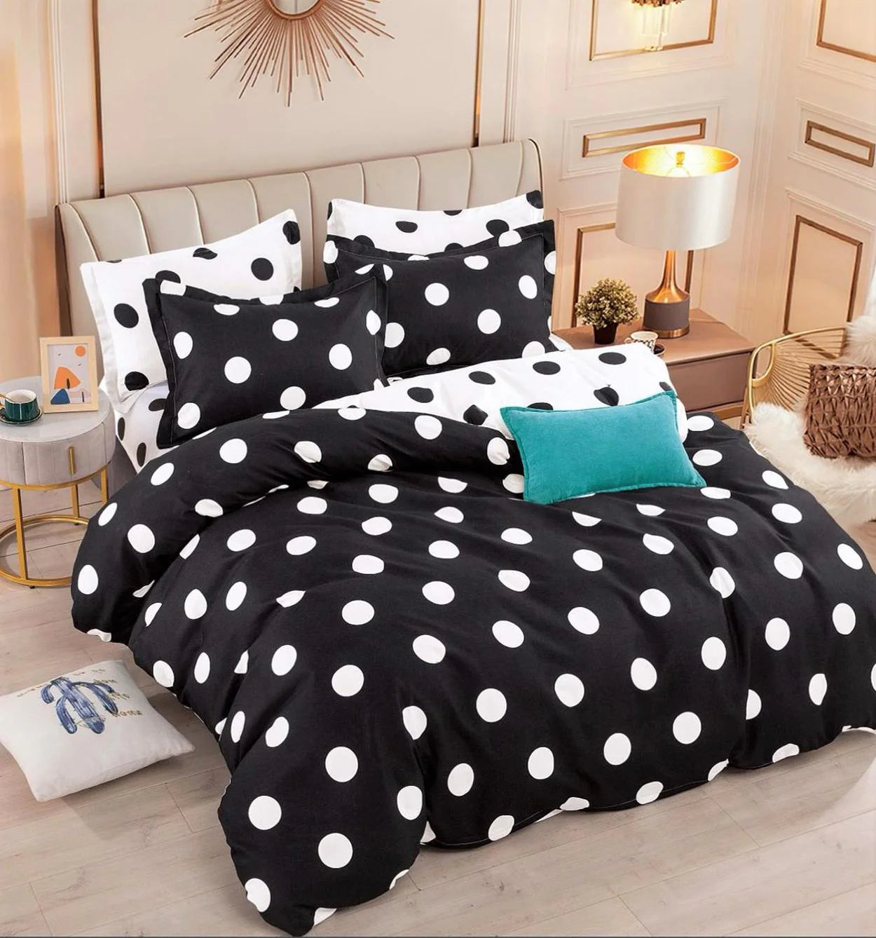 Parure de lit, en coton, 6 pièces, lit double, noir, pois