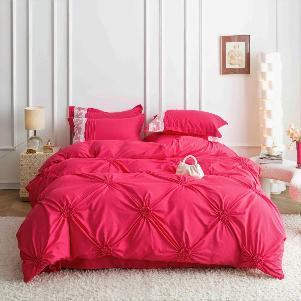 Parure de lit, en coton, 6 pièces, lit double, premium, rouge, plis
