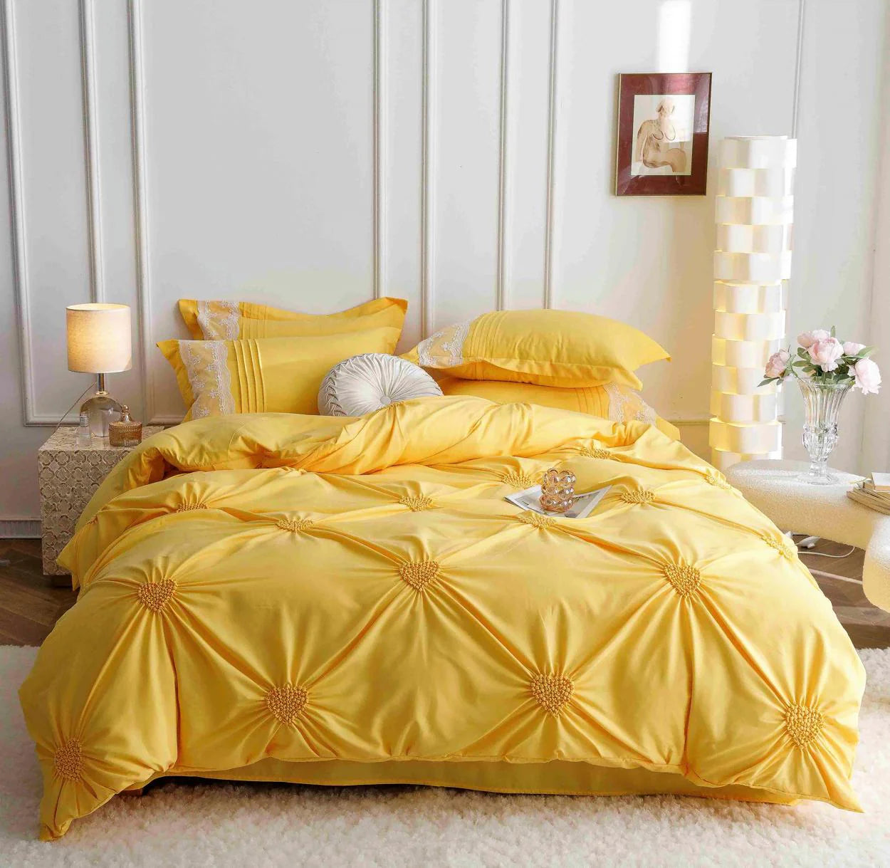 Parure de lit, en coton, 6 pièces, lit double, premium, jaune, plis