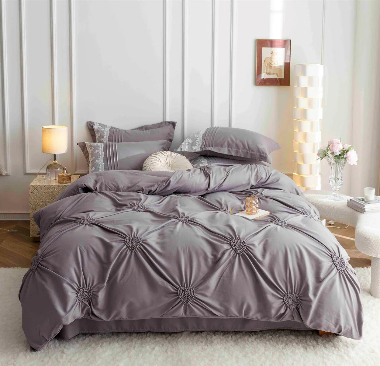 Parure de lit, en coton, 6 pièces, lit double, premium, gris, plis