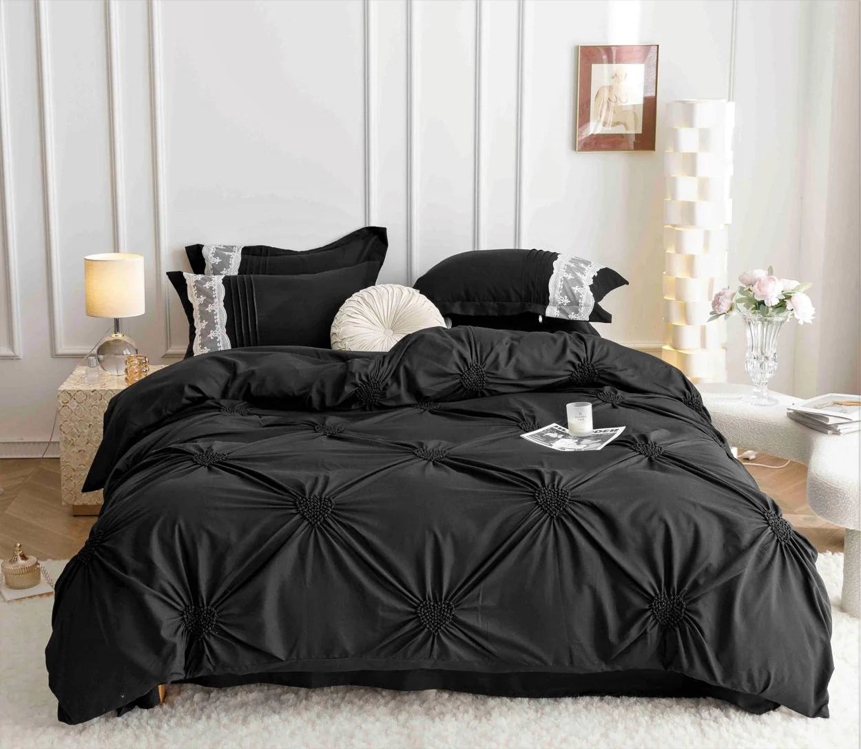 Parure de lit, en coton, 6 pièces, lit double, premium, noir, plis