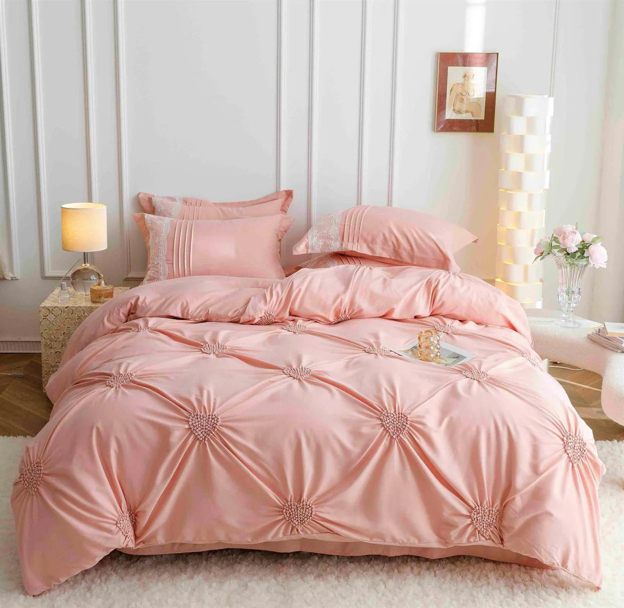 Parure de lit, en coton, 6 pièces, lit double, premium, rose, plis