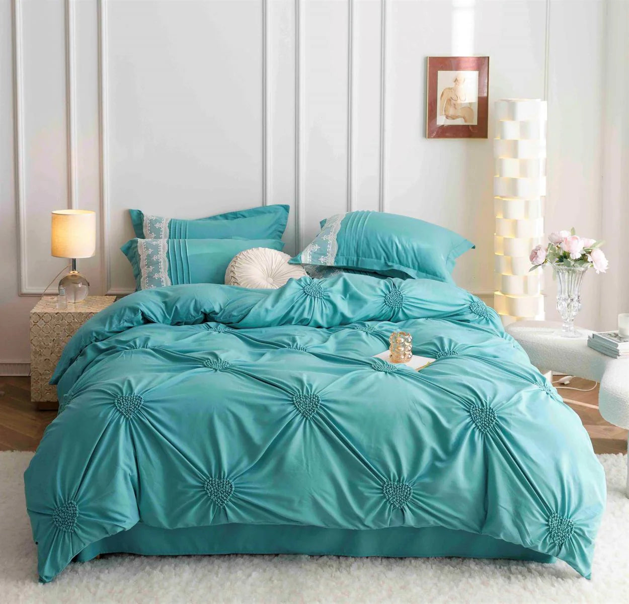 Parure de lit, en coton, 6 pièces, lit double, premium, bleu, plis