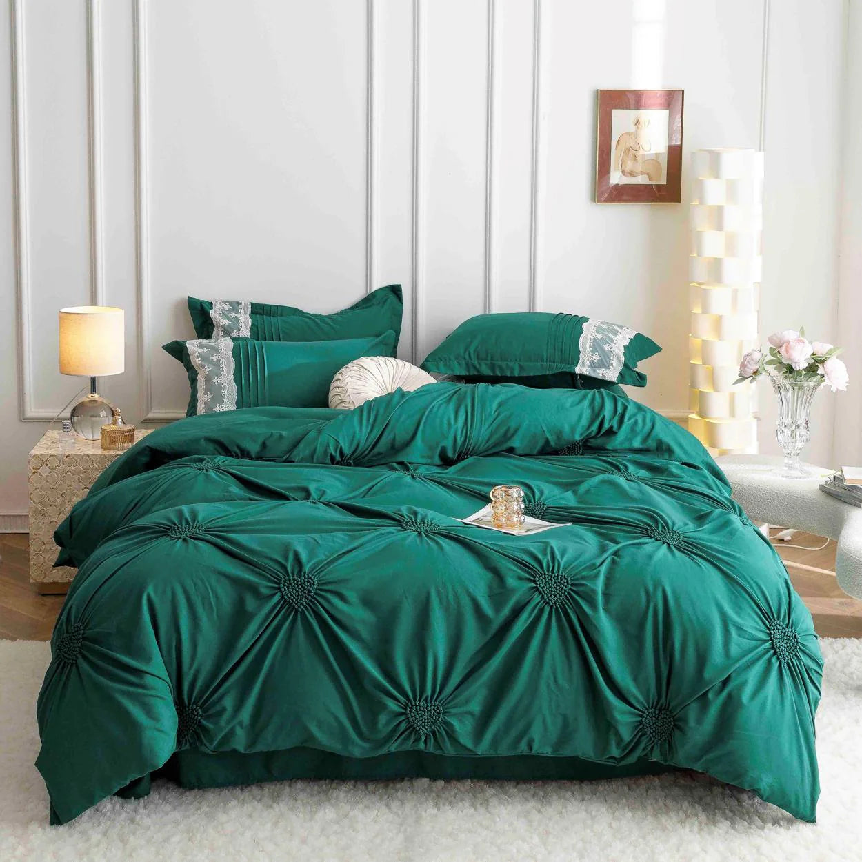 Parure de lit, en coton, 6 pièces, lit double, premium, vert, plis