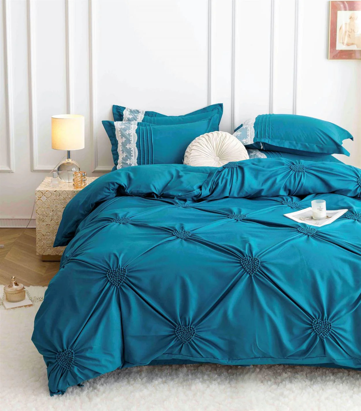 Parure de lit, en coton, 6 pièces, lit double, premium, turquoise, plis