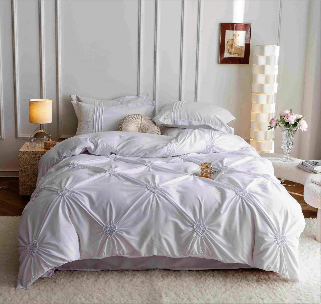 Parure de lit, en coton, 6 pièces, lit double, premium, blanc, plis