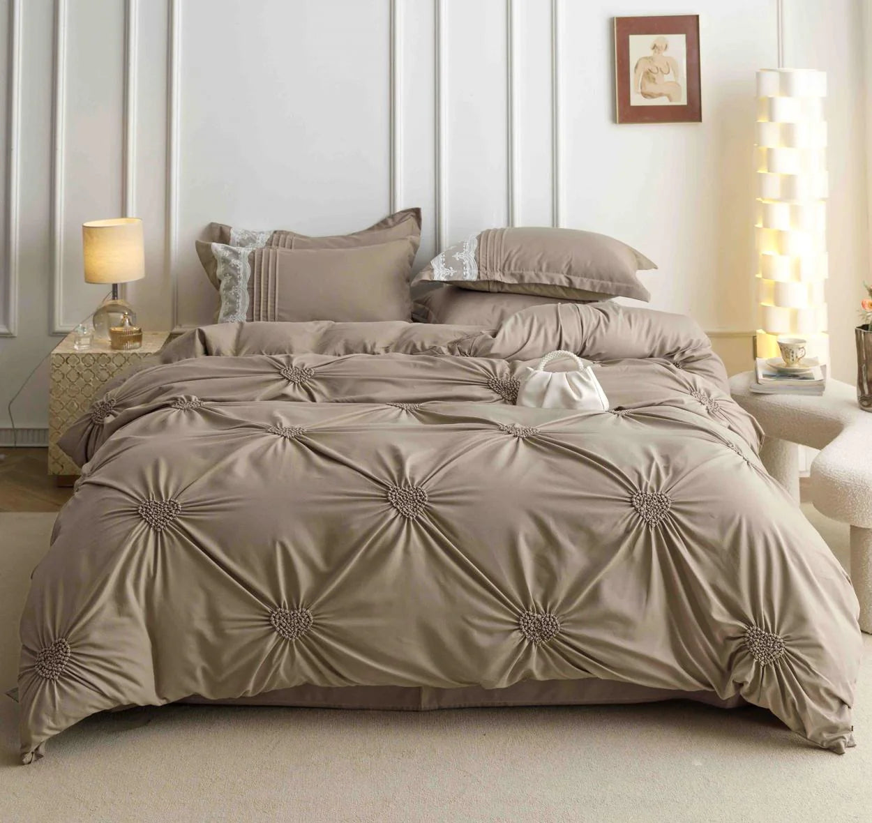 Parure de lit, en coton, 6 pièces, lit double, premium, brun, plis