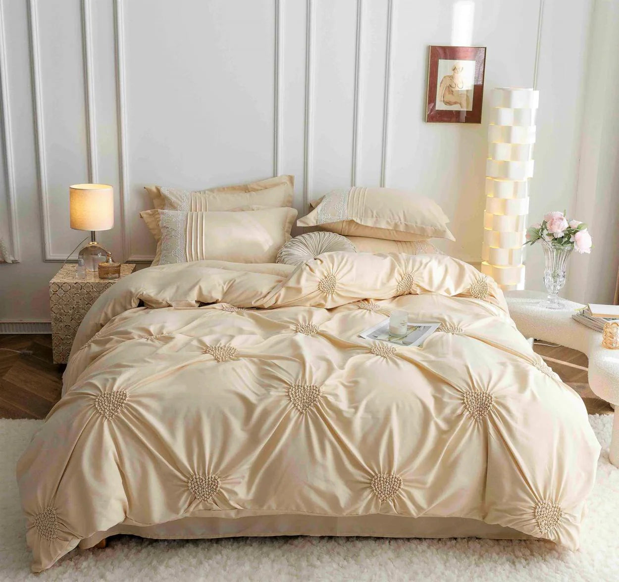 Parure de lit, en coton, 6 pièces, lit double, premium, beige, plis