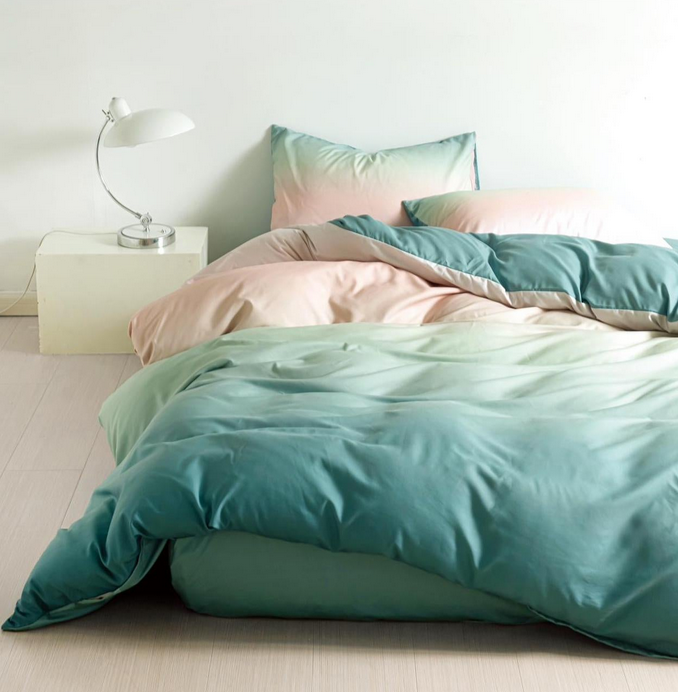 Parure de lit, en coton, 4 pièces, lit single, vert, dégradés