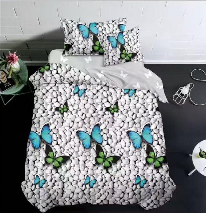Parure de lit, en coton, 4 pièces, lit single, gris, papillons