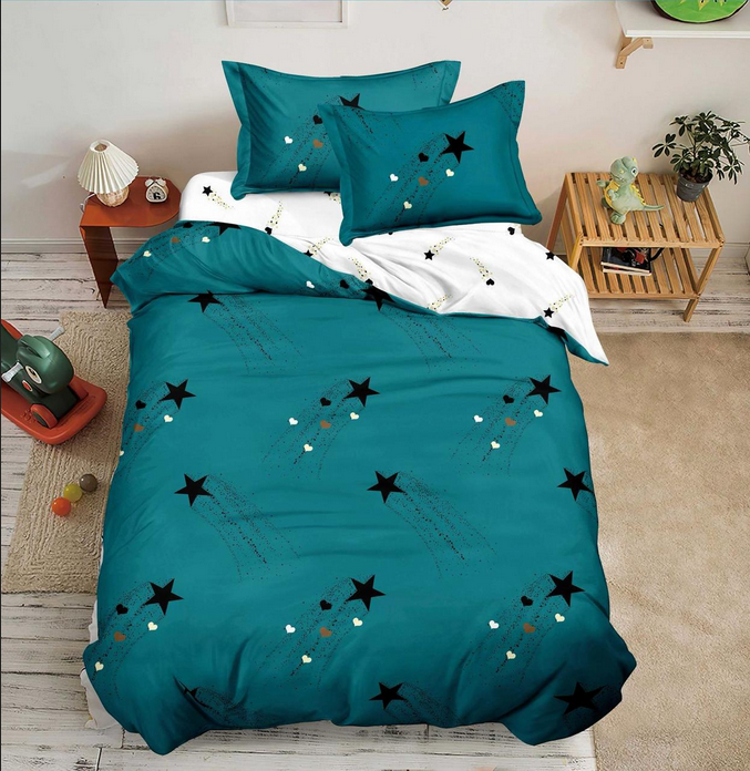 Parure de lit, en coton, 4 pièces, lit single, vert, étoiles