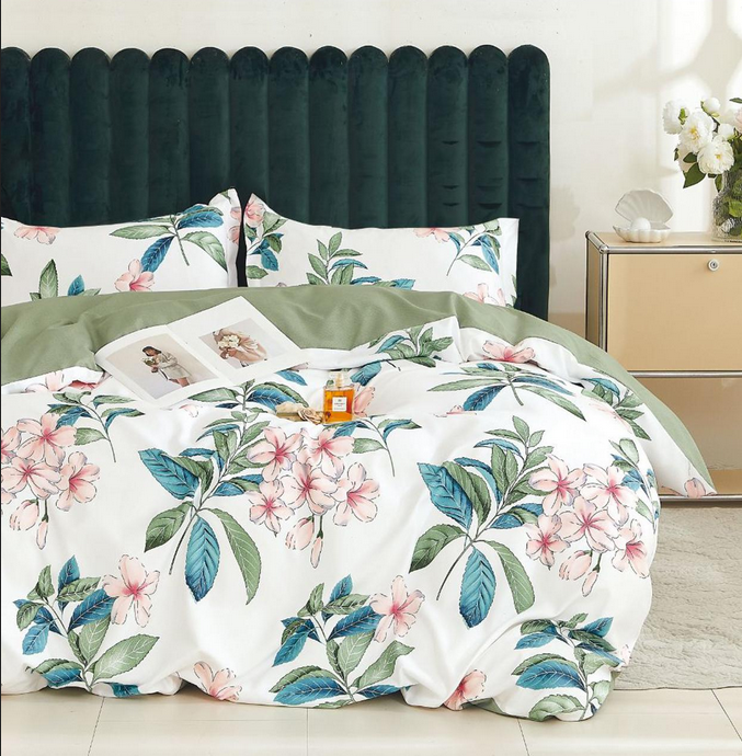 Parure de lit, en coton, 4 pièces, lit single, vert, fleurs