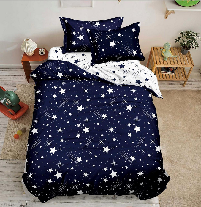 Parure de lit, en coton, 4 pièces, lit single, bleu, étoiles