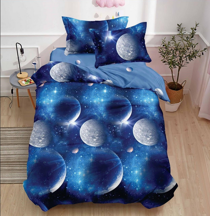 Parure de lit, en coton, 4 pièces, lit single, bleu, planètes