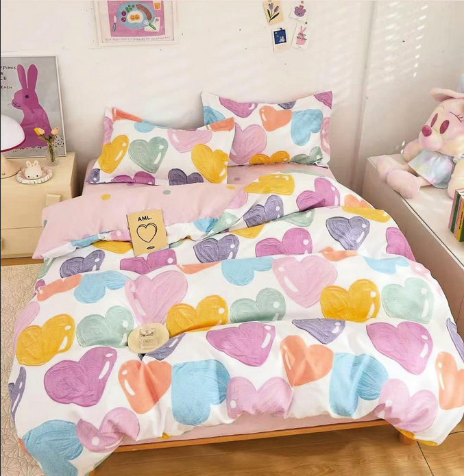 Parure de lit, en coton, 4 pièces, lit single, multicolore, coeurs