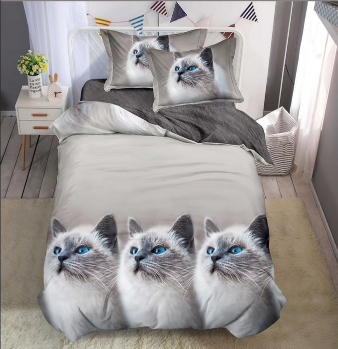 Parure de lit, en coton, 4 pièces, lit single, chats, effet 3D