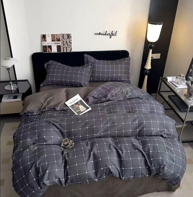 Parure de lit, en coton, 4 pièces, lit single, gris, minimaliste