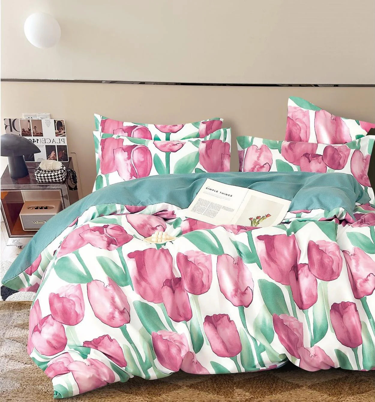 Parure de lit, en coton, 6 pièces, lit double, rose, tulipes