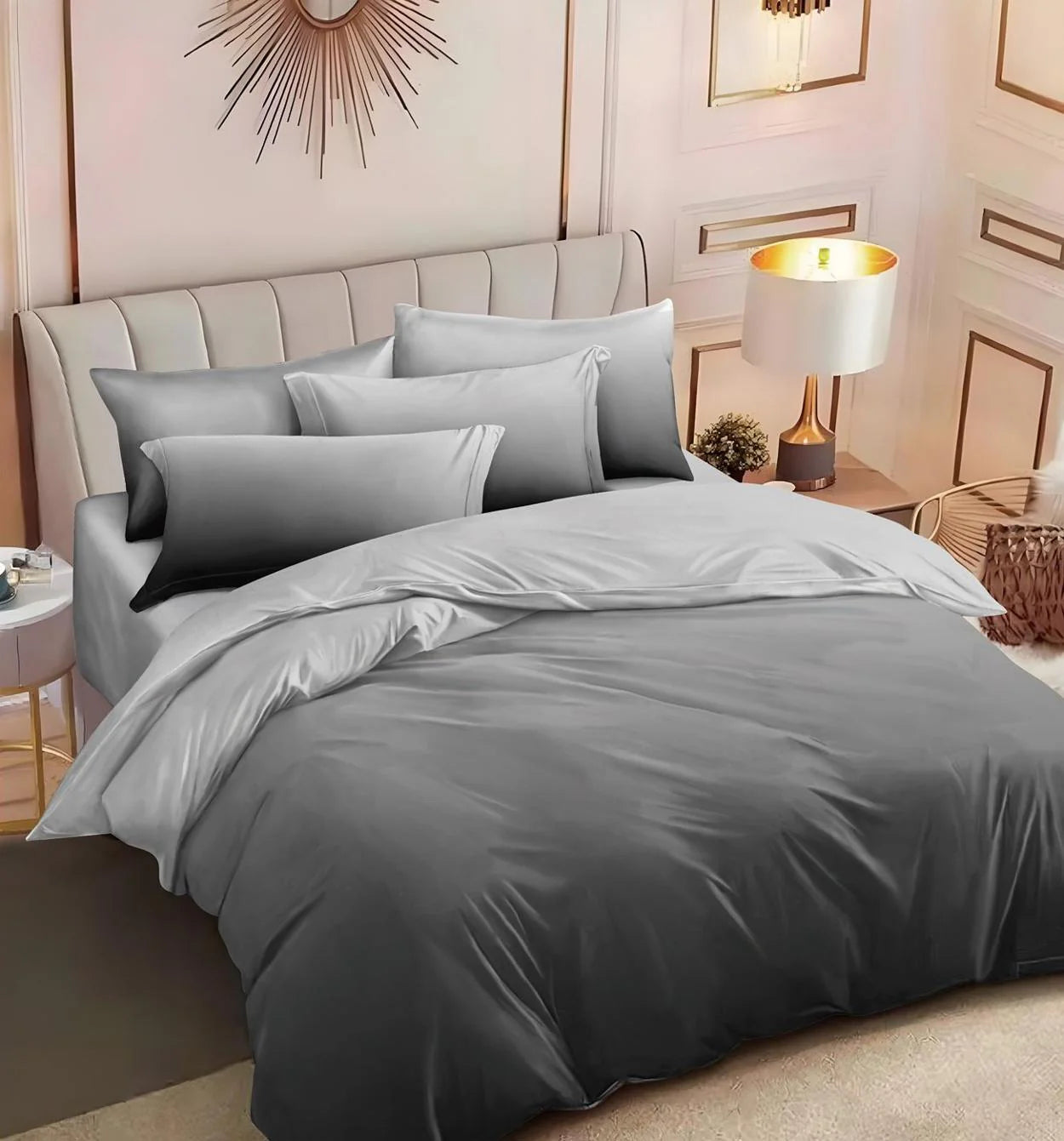 Parure de lit, en coton, 6 pièces, lit double, gris, dégradés