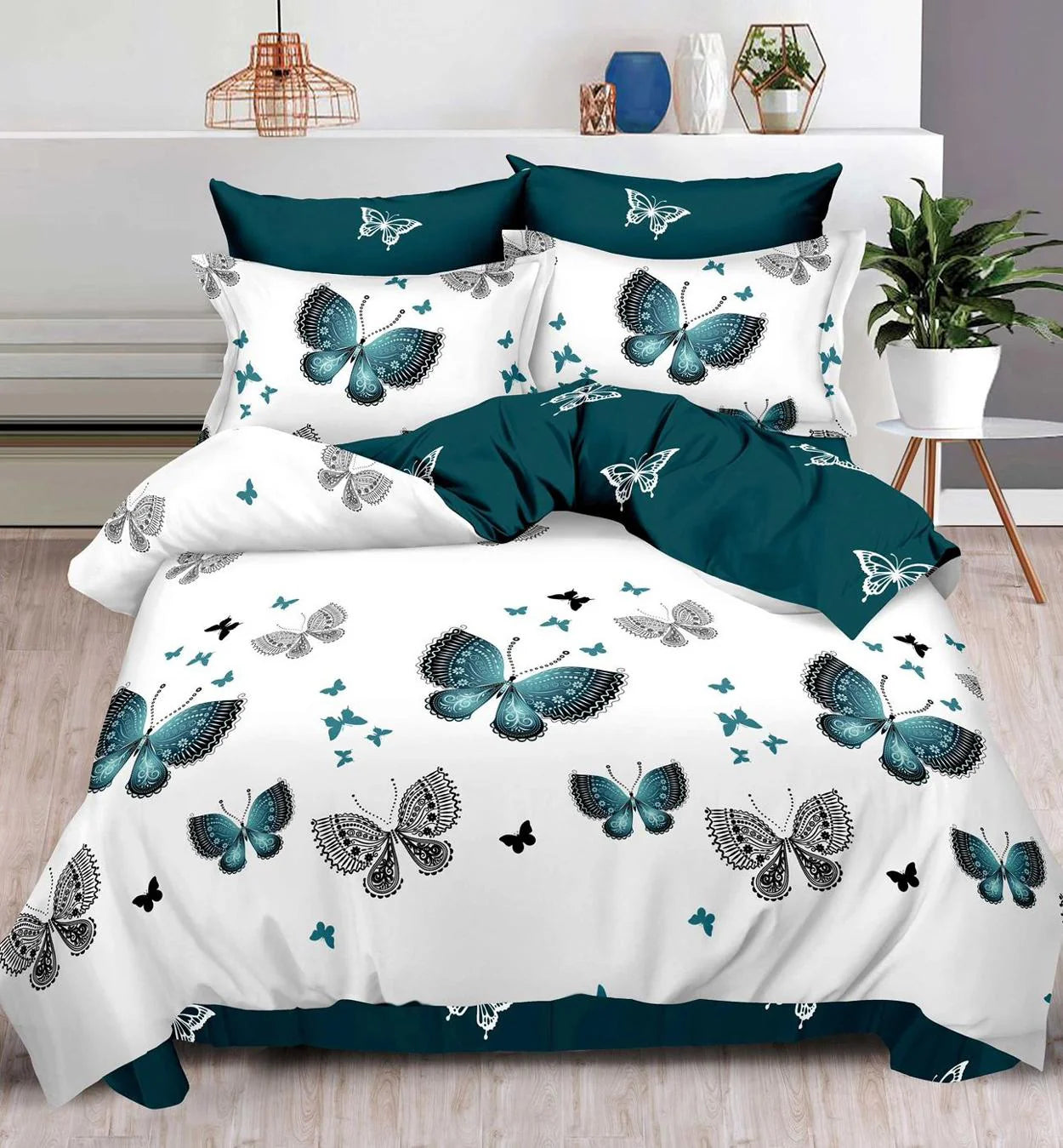 Parure de lit, en coton, 6 pièces, lit double, vert, papillons
