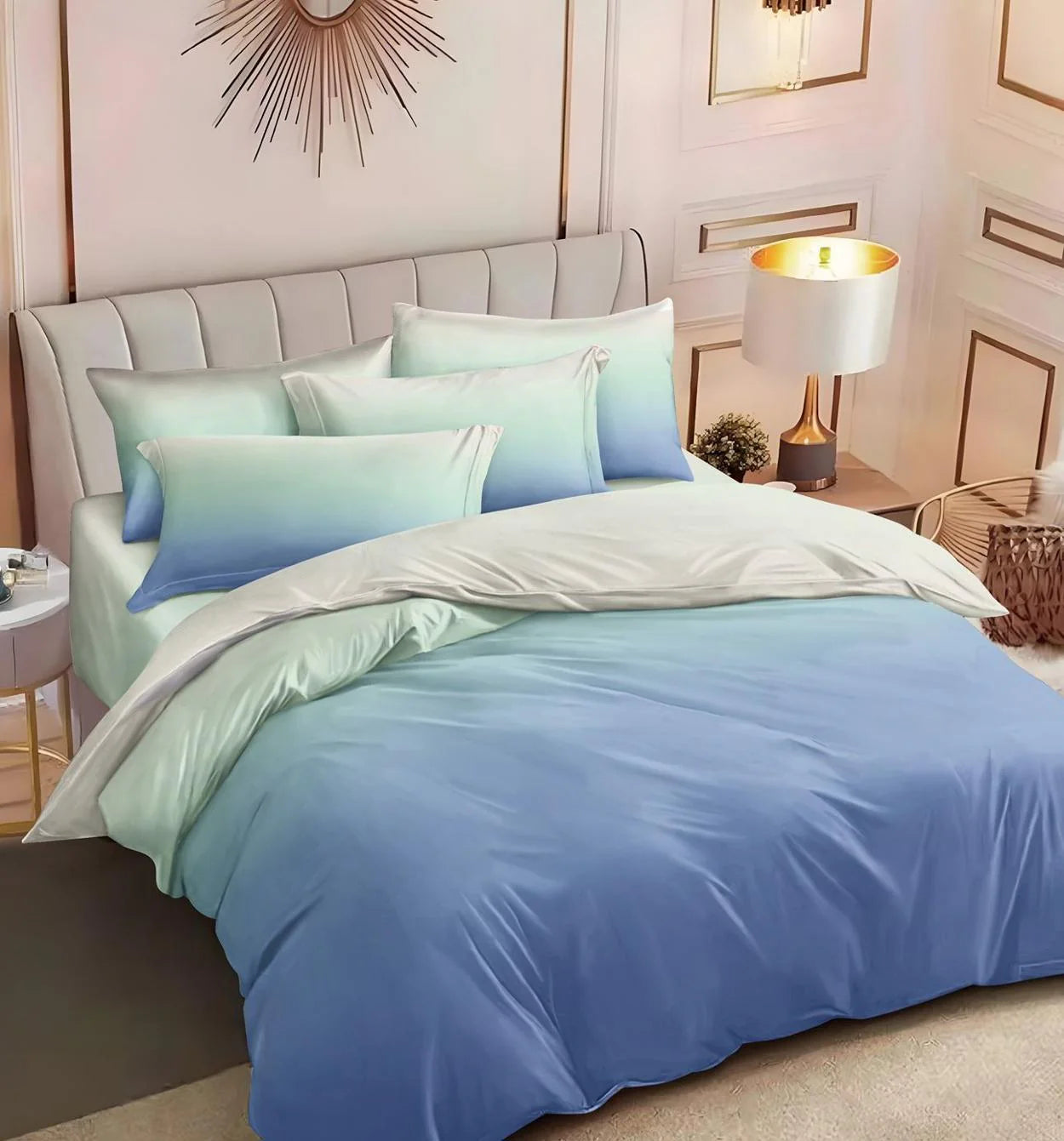 Parure de lit, en coton, 6 pièces, lit double, bleu, dégradés