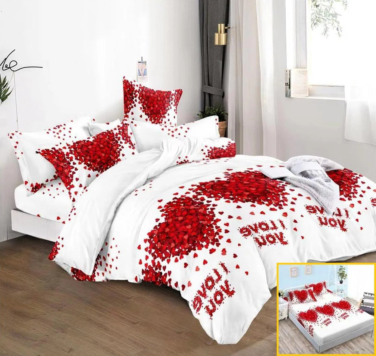 Parure de lit avec élastique, en coton, 6 pièces, lit double, rouge, coeurs