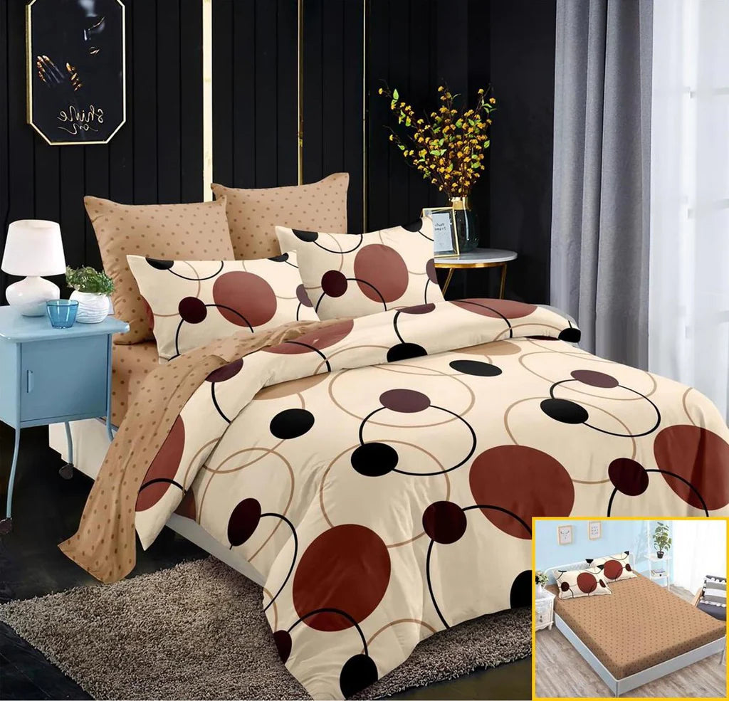 Parure de lit avec élastique, en coton, 6 pièces, lit double, marron, cercles